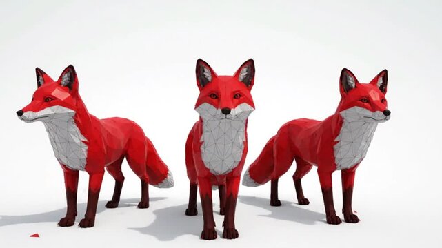 Three Red Foxes Standing Together on White Background, Cute Cartoon Style