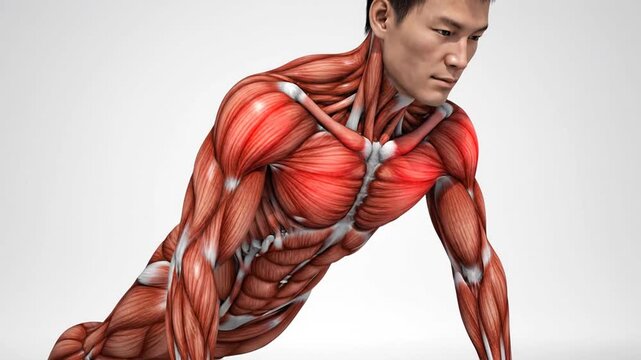 Anatomical 3D illustration of an Asian man's muscular system performing push ups on white background