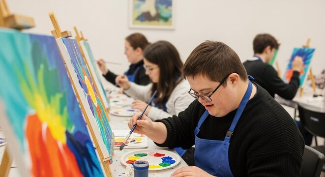 Young man with Down syndrome painting on canvas in art studio. Inclusive art class for people with disabilities. Creative workshop and therapy concept