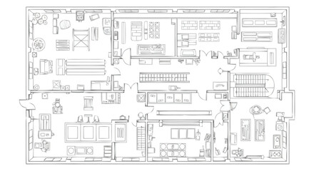 Obraz premium Comprehensive architectural blueprint displaying the detailed layout of a retail establishment with multiple shelving units display areas and interior divisions offering a clear visual