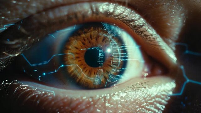 Close view of an eye with holographic tech overlay in a cinematic style on a dark backdrop, symbolizing innovation and vision