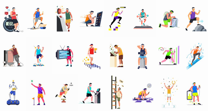 Comprehensive collection of 24 flat vector illustrations featuring a male character in diverse sports, technology, and gamified achievement scenarios.