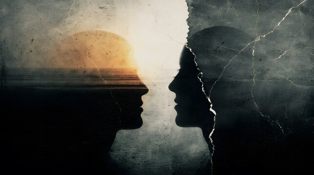 Conceptual artwork depicting the dichotomy of a divided mind wrought by bipolar disorder and the enigma of split personality through symbolic visuals