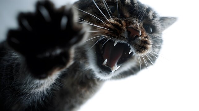 Dramatic Illustration of a Wild and Enraged Cat Unleashing Fury on a Smooth White Background with Exaggerated Motion and Striking Light-Dark Contrast