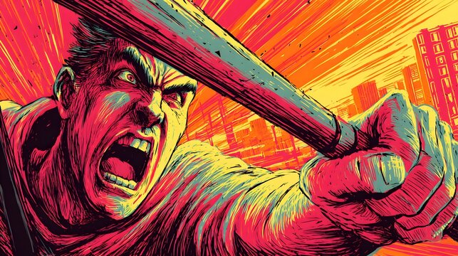 Vibrant comic-style image capturing the explosive uncontrolled anger of an individual using a baseball bat to shatter a car window with dynamic energy