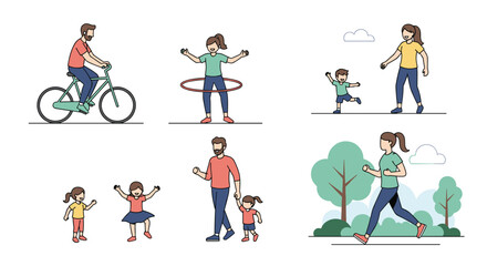 Fototapeta premium Collection of various people engaging in healthy active lifestyle activities like cycling, running, walking, and hula hooping in the park.