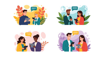 Fototapeta premium Set of four illustrations showing diverse pairs of business people standing and communicating while using digital tablet devices.