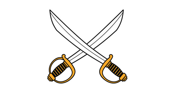 Two crossed pirate cutlass swords with curved blades and golden hilts isolated on white background as a symbol of battle or adventure.