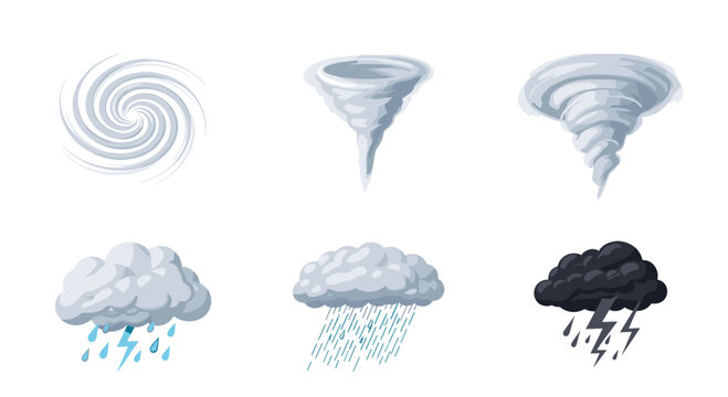 Set of weather icons showing storm progression from a whirlpool or cyclone to dark clouds with heavy rain and bright lightning bolts.