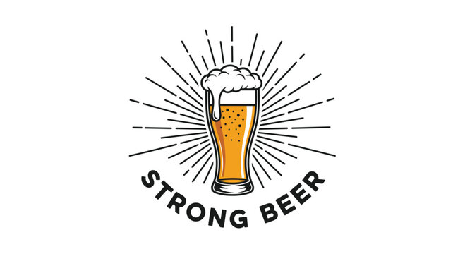 Vintage style illustration of a tall glass of frothy beer with sunburst rays in the background and the text strong beer written below.