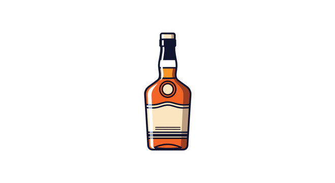 Detailed illustration of a glass bottle of amber colored whiskey or brandy with a blank label and a cork stopper on a white background.