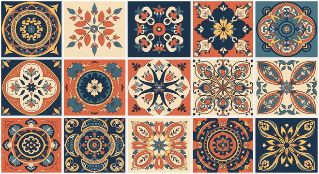 Set of traditional Moroccan or Portuguese ceramic tile patterns with intricate floral and geometric ethnic designs.