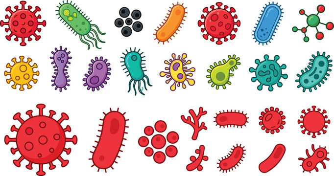 Comprehensive Microorganism and Pathogen Vector Icon Set featuring Various Bacteria Viruses Germs and Molecular Structures for Medical Research Science Education and Healthcare Awareness Designs