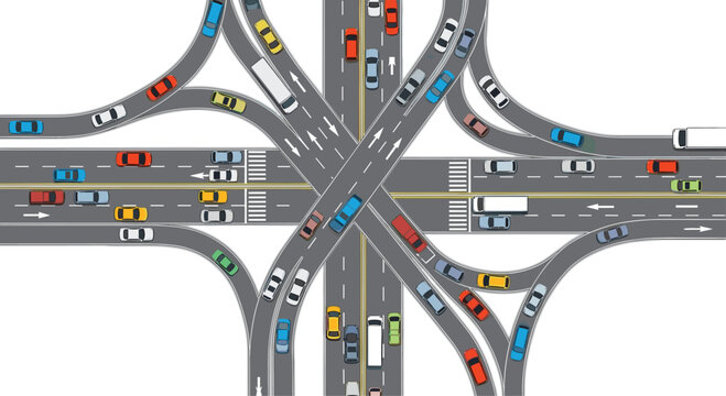 Top down view of complex highway road junction or cloverleaf interchange with many colorful cars and trucks driving.