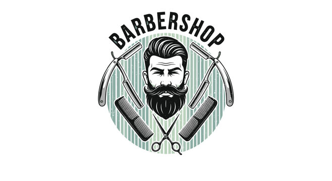 Vintage style barbershop logo featuring a bearded man with a mustache and hair salon tools like scissors and razors.