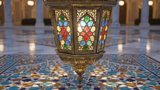 Ornate gold lantern with colorful stained glass illuminating a patterned tiled floor in a grand courtyard