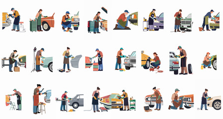 Fototapeta premium Comprehensive collection of flat vector illustrations featuring diverse mechanics and detailers performing various car maintenance, polishing, and detailing tasks in a professional workshop.