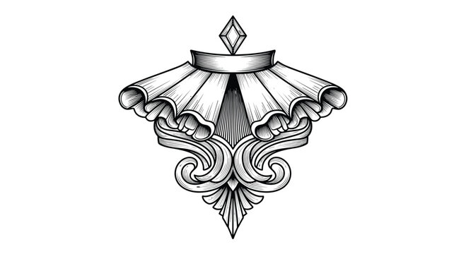 Hand drawn sketch of a vintage ornamental architectural element with decorative scrolls and a large diamond on top.