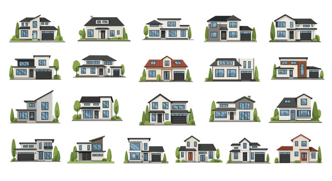 Extensive set of modern suburban house exterior designs showing various architectural styles with garages windows and landscaping for real estate.
