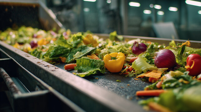 Fresh vegetables moving on conveyor belt in modern food recycling facility
