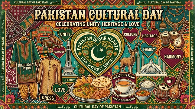 Pakistan cultural day celebration poster with traditional symbols and heritage
