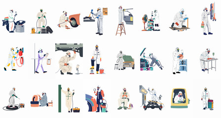 Fototapeta premium Vector illustrations of professional automotive technicians in protective suits performing various car painting, body repair, and maintenance tasks in a workshop environment.