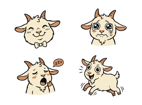 This charming vector illustration set features four adorable cartoon goat characters expressing a range of emotions including joy, sadness, sleepiness, and playful energy