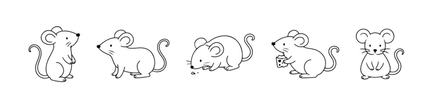 Cute mouse outline set in kawaii cartoon style with clean line art. Perfect for coloring books, nursery decor, stickers and kids designs.