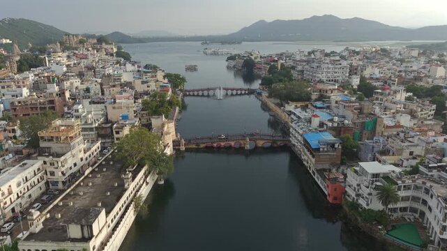 Aerial view of Udaipur city and Lake Pichola Rajasthan India