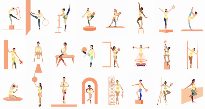 Collection of flat vector illustrations featuring diverse female ballet dancers and rhythmic gymnasts in various elegant poses with different equipment.