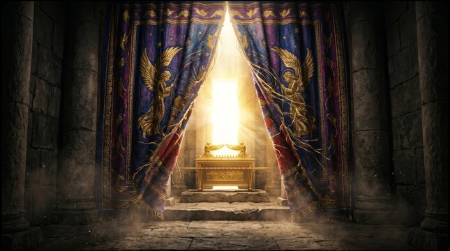 Golden Ark of the Covenant in Ancient Sanctuary with Royal Purple Curtains and Heavenly Glow, Bible