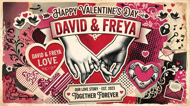 Valentines day greeting card design with david and freya names