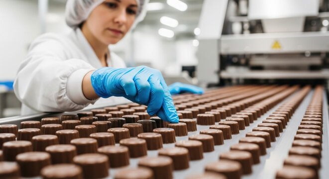 Close-up sweets manufacturing scene with worker aligning chocolates on conveyor before automated packaging machine in clean factory.