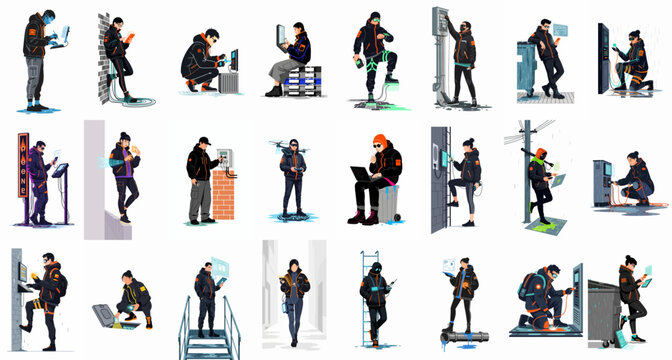 Collection of futuristic tech characters and urban hackers performing diverse technical tasks, maintenance, and surveillance in a modern, rain-slicked city environment.