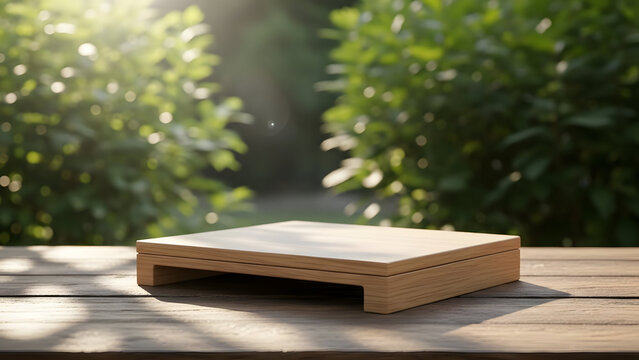 Wooden platform on outdoor table in sunlight