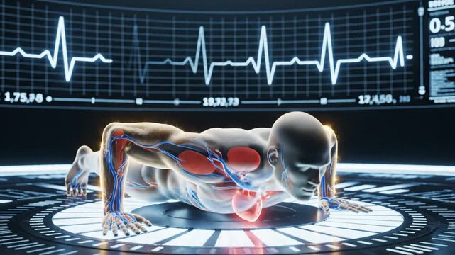Anatomical 3D male figure doing push ups with glowing heart and muscles in digital fitness lab