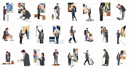 Professional museum and art gallery staff engaged in curating, restoring, photographing, and managing exhibits in a flat vector illustration style. © Sabiqul