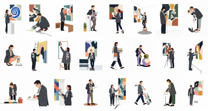 Professional museum and art gallery staff engaged in curating, restoring, photographing, and managing exhibits in a flat vector illustration style.