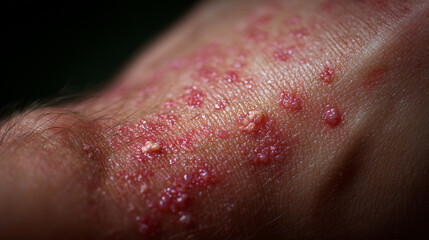 Fototapeta premium Close up of irritated skin rash with red blisters and allergic reaction symptoms