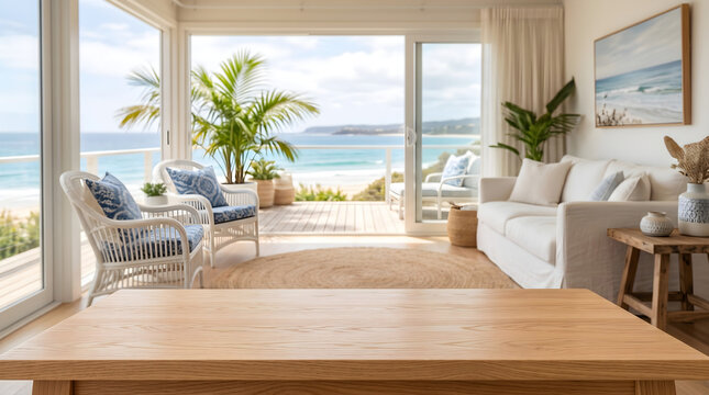 Empty wooden table background in bright coastal living room with beach view for product mockup display ads.