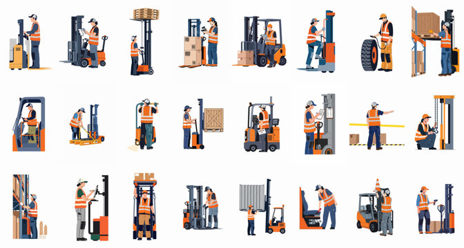 Set of vector illustrations showing diverse warehouse workers operating forklifts, stackers, and pallet jacks for efficient logistics and material handling operations.