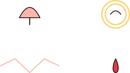 Minimalist graphic icons including a parasol sun rays red droplet and pink zigzag line illustration © isolatedgenerativeai