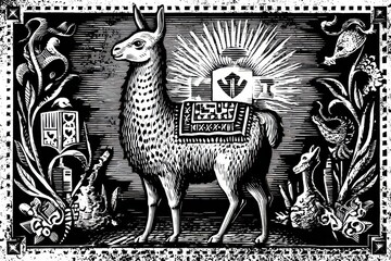 Fototapeta premium Inca-inspired Llama Wearing Ornate Saddle in Decorative Linocut Style Art
