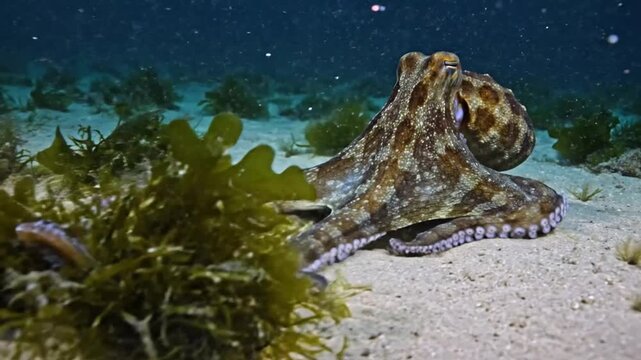 Underwater close up of a patterned octopus resting on a sandy ocean floor with seaweed and marine life