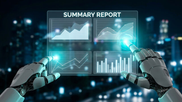 Robot hand ai summary report hologram data graph chart digital panel AI. Summary AI, intelligence report management, document information innovation system analysis, automation, data, summarize