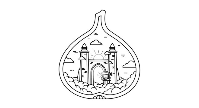Fantasy Gateway Arch with Sunrise and Clouds in Fig Outline