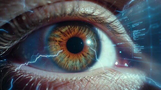 Close view of human eye with glowing tech elements in cinematic style on dark backdrop, concept of innovation and vision