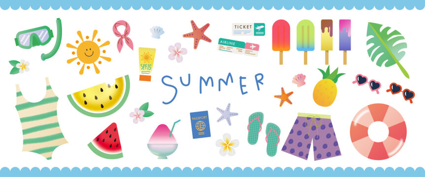 Cute hand drawn summer illustration border with beach items, watermelon and vacation doodles