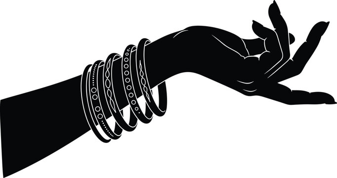 Elegant female hand silhouette with bangles, traditional jewelry gesture, black vector illustration, isolated on white background, minimal cultural design