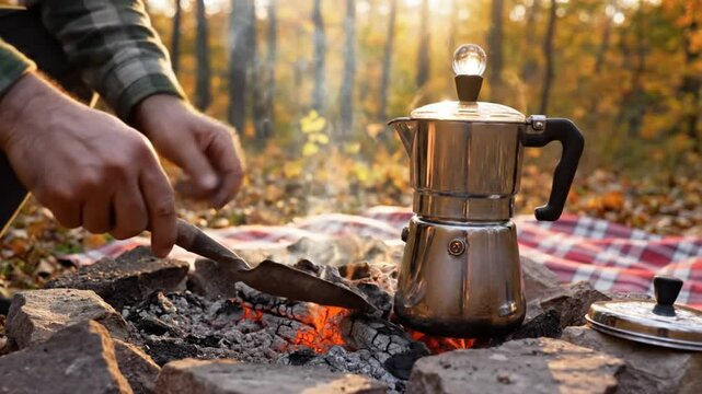Making coffee in the woods at sunset with a silver stovetop coffee maker and embers glowing